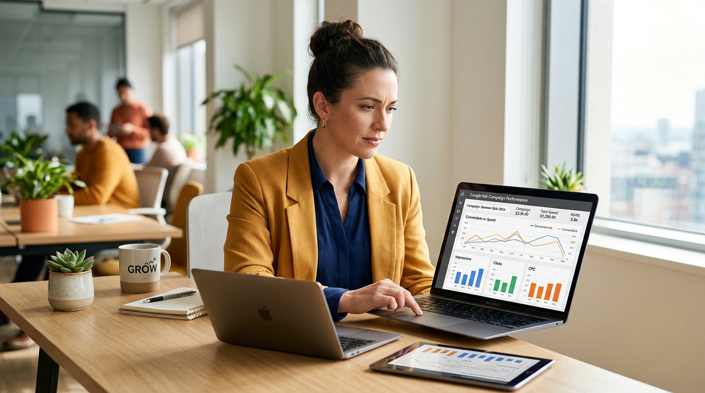 Small business owner reviewing what are cpms in advertising campaign performance on laptop
