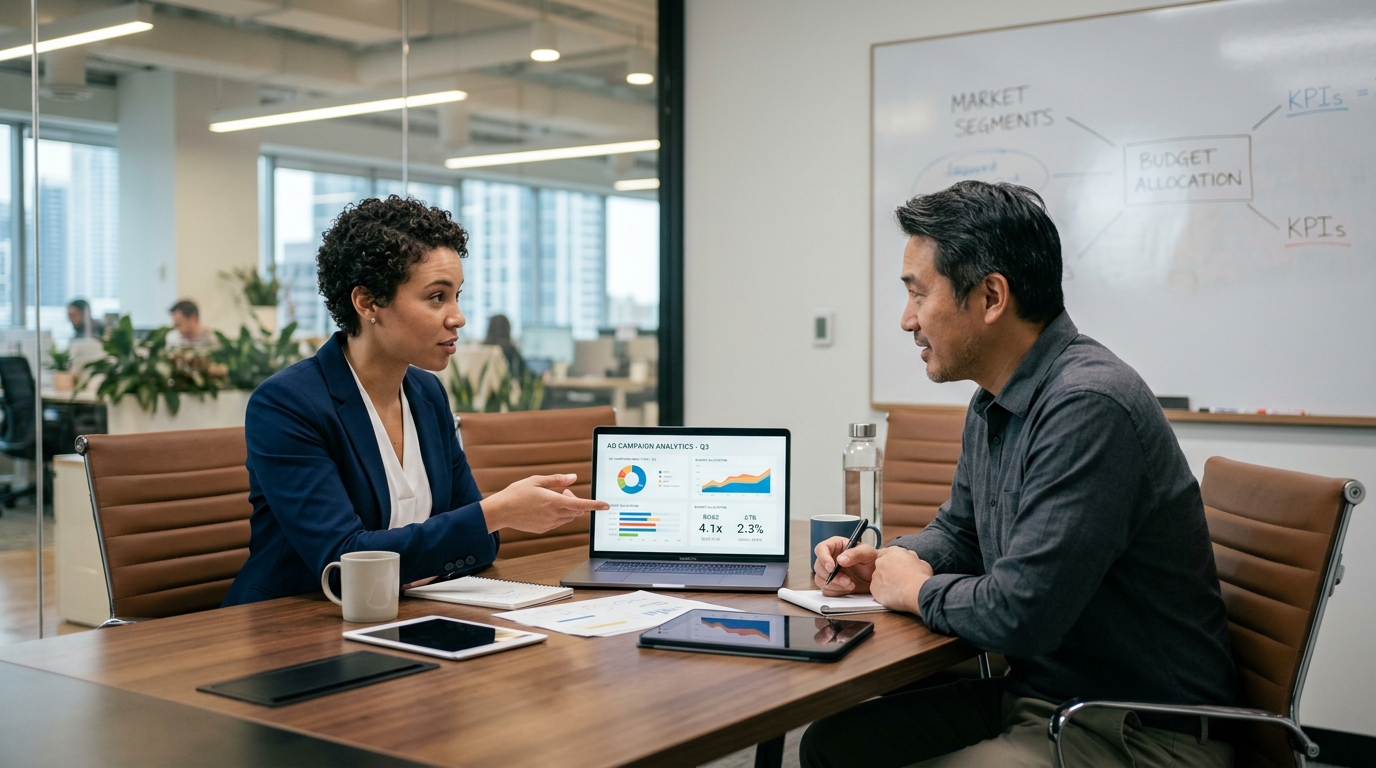 Marketing professionals discussing CPM advertising strategy and budget allocation in modern conference room