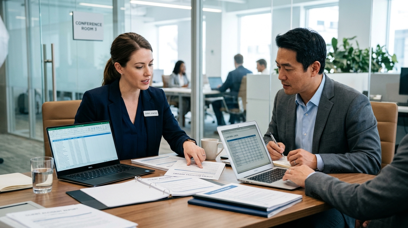 insurance agents collaborating on CRM client data to manage their book of business