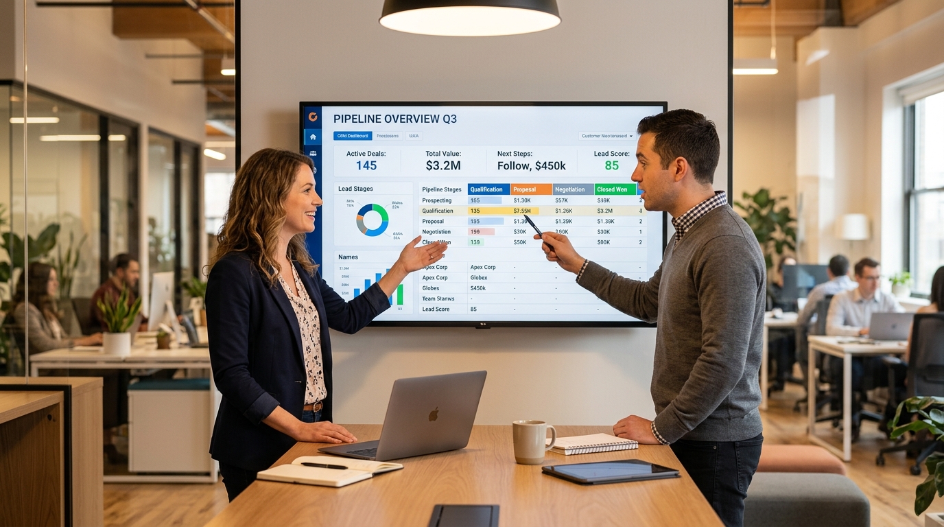 crm software for lead generation — sales team reviewing pipeline data in collaborative office setting