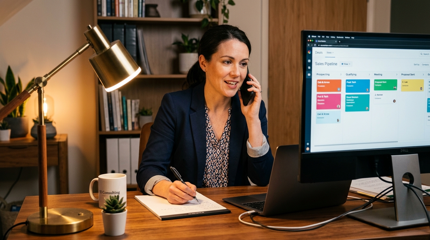 small business owner using CRM automation to execute client acquisition strategies from a modern office desk