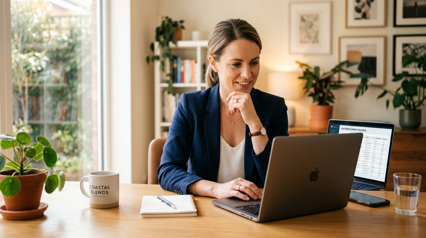what is crm - small business owner reviewing customer relationship management data on laptop in modern office