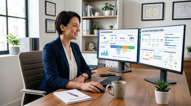 CRM automation small business owner reviewing automated workflow dashboards on dual monitors