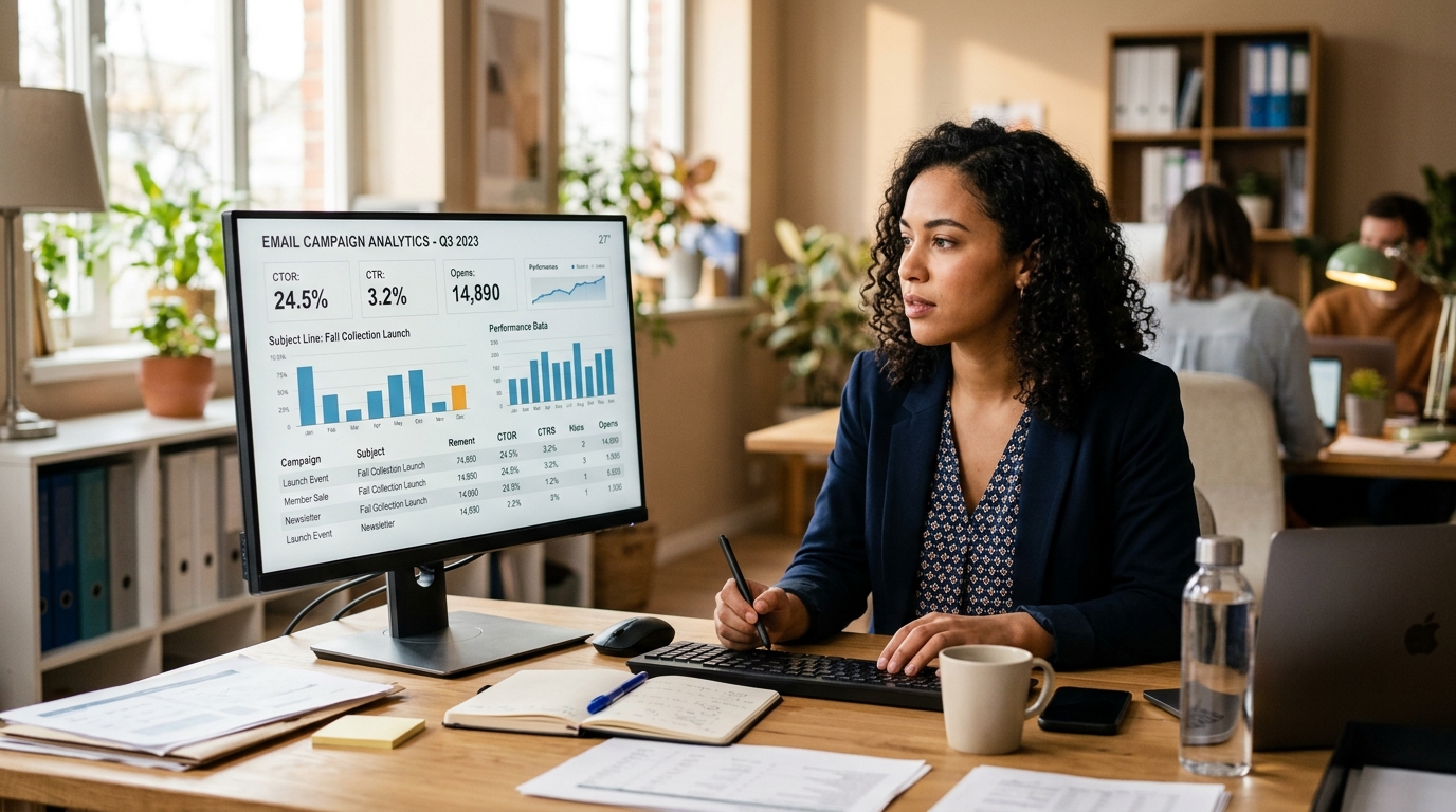 marketing professional reviewing call to action click-through analytics on monitor