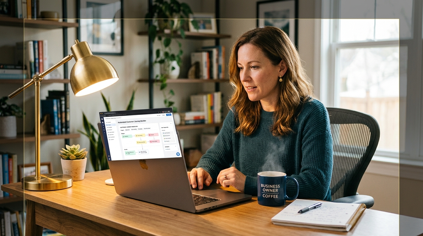 customer experience automation workflow setup for small business owner on laptop in modern office