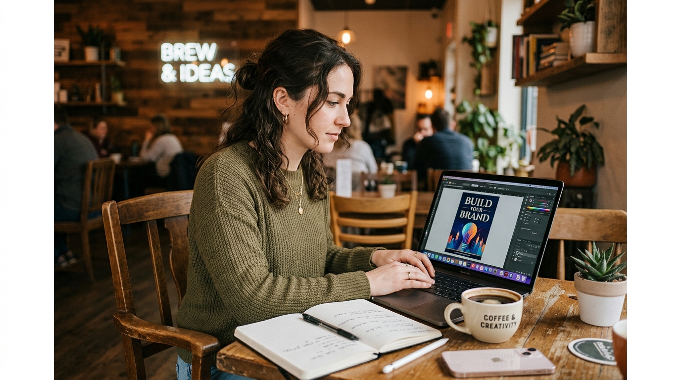 creative entrepreneur designing ebook covers and building digital product business at laptop in coffee shop
