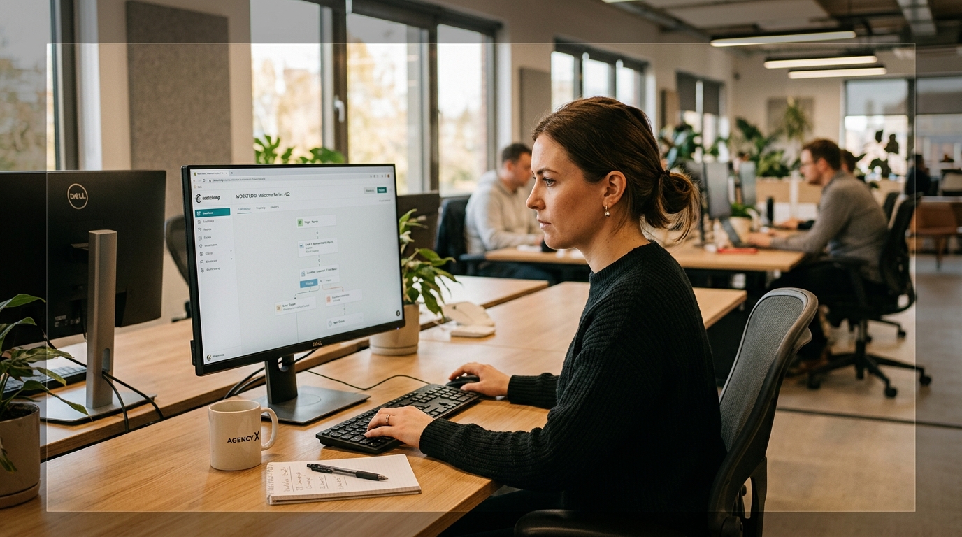 marketing professional configuring automated email workflows on desktop computer in modern office