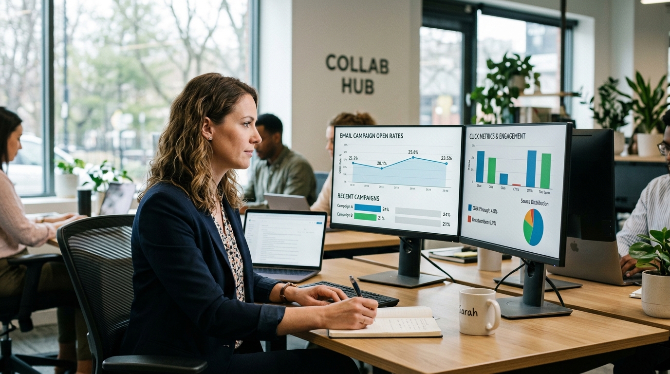 Marketing manager reviewing email campaign metrics on dual monitors - email marketing