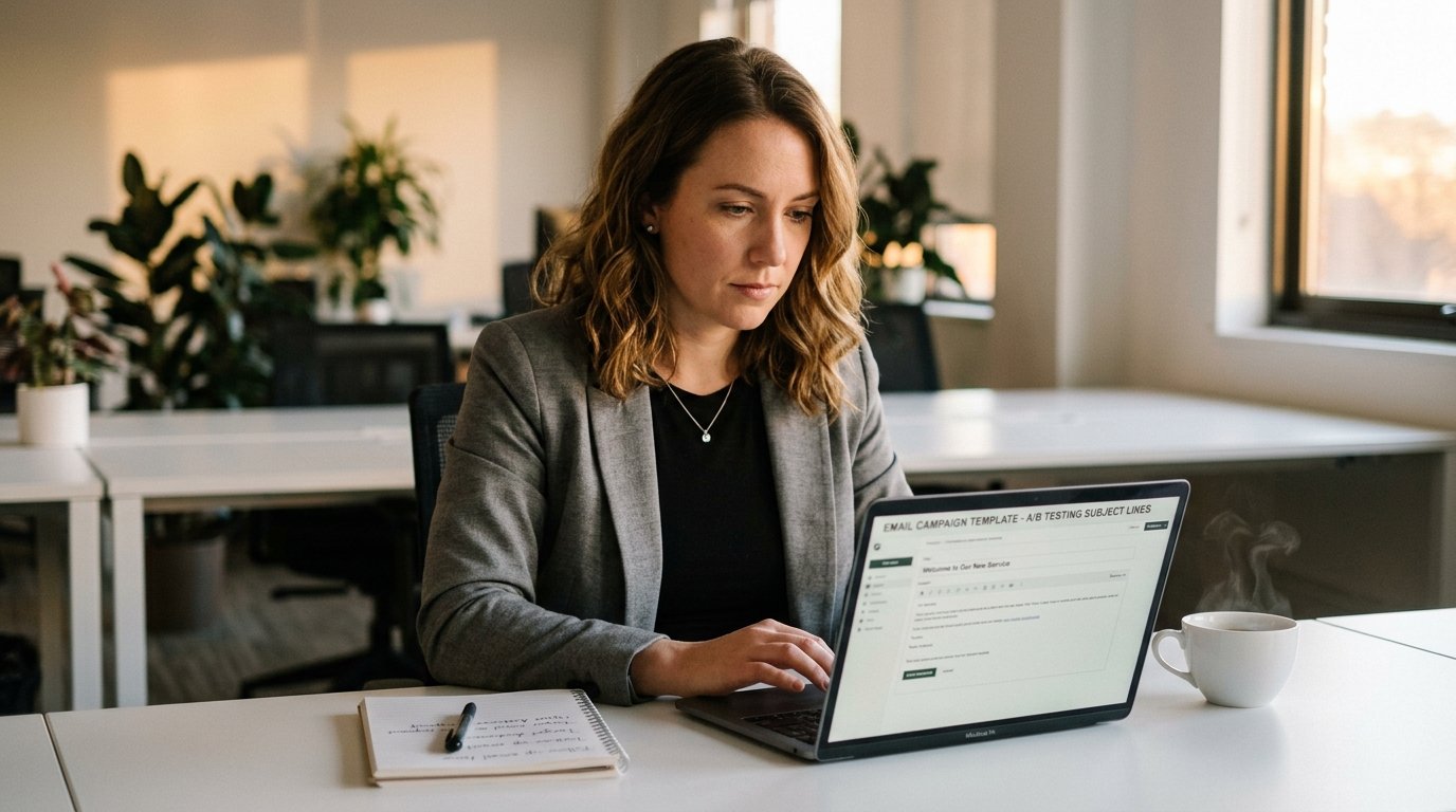 marketing professional crafting email marketing examples on laptop