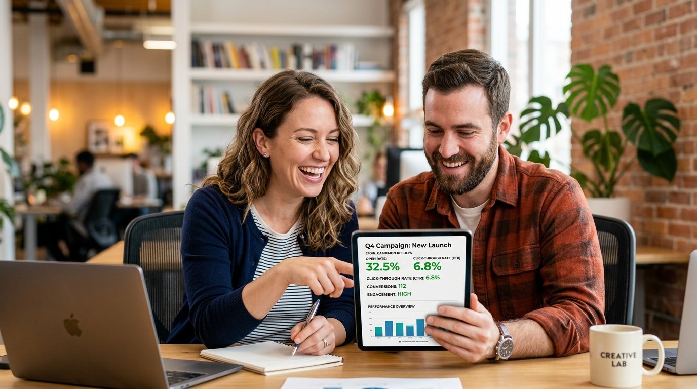 small business owners reviewing email marketing examples and campaign results