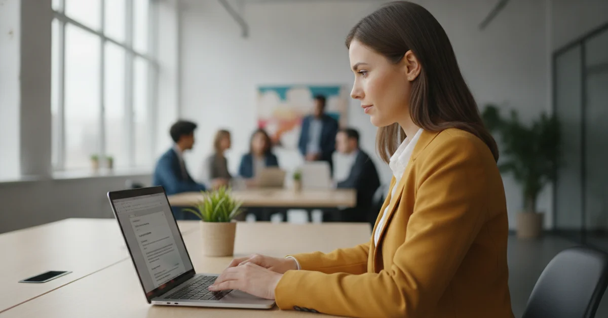 Confident entrepreneur typing an email on a laptop in a bright modern coworking space with natural window light