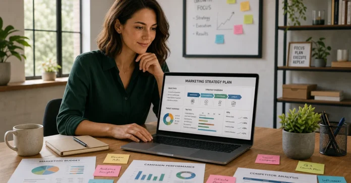 Small business owner reviewing marketing strategy on laptop — Automated Sales Machine