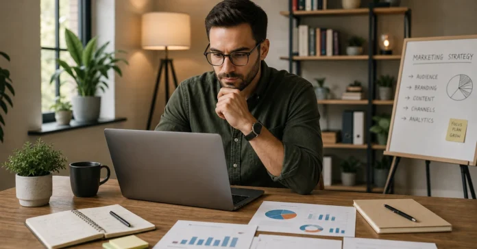 marketing strategies for small business - small business owner reviewing strategy on laptop