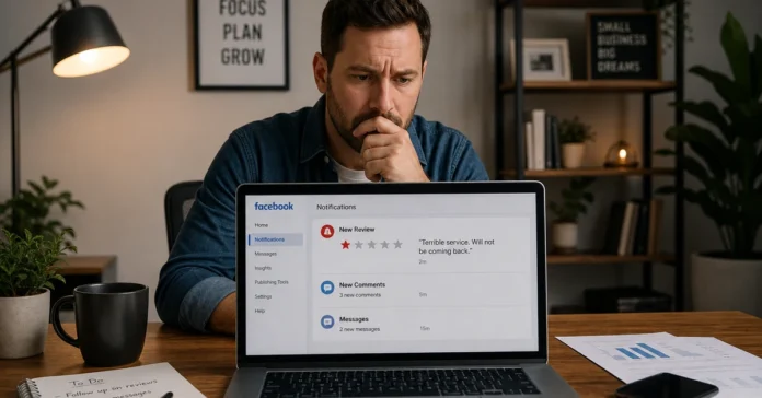 how to remove a facebook review - business owner checking reviews on laptop
