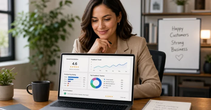 Customer experience management software dashboard review - business owner using CEM platform