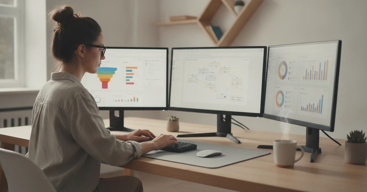 Small business entrepreneur using marketing automation software on multiple monitor setup