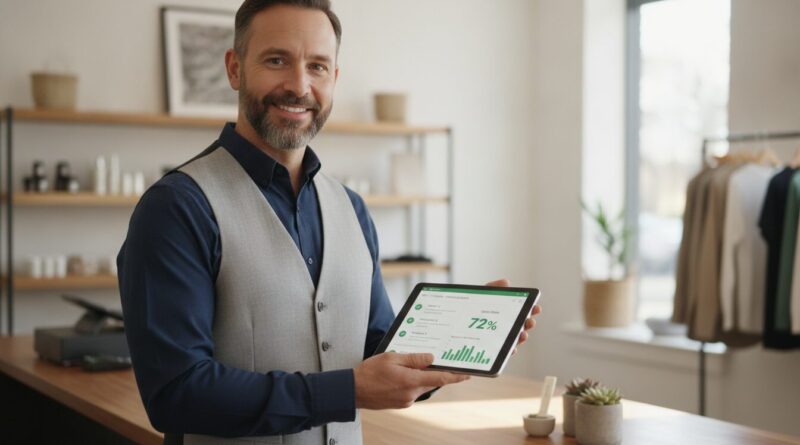 Local business owner reviewing customer email collection data and CRM on a tablet
