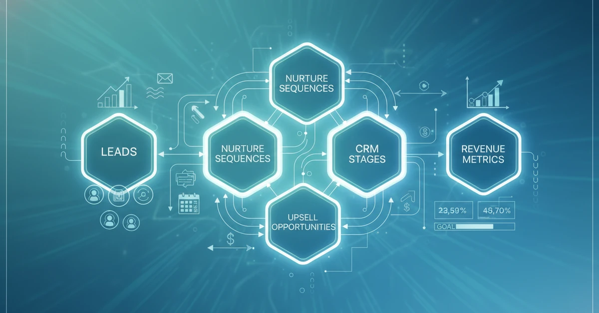 Automated sales pipeline visualization showing lead nurture sequences and CRM stages