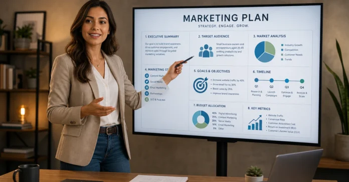 marketing plan definition - business owner reviewing strategic marketing plan on monitor