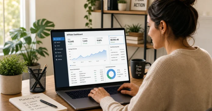 what is affiliate marketing - small business owner reviewing affiliate dashboard on laptop