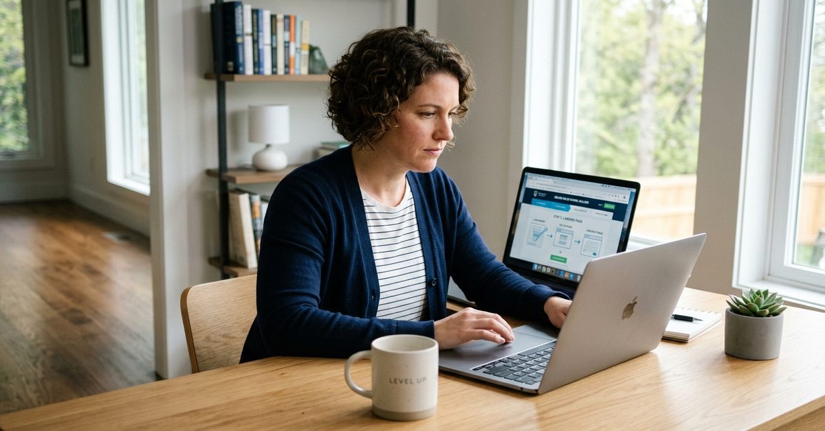 Small business owner applying funnel building strategies on laptop in modern home office