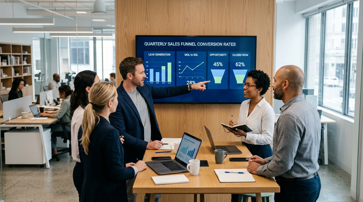Sales team reviewing funnel building strategies and conversion metrics on a large monitor in a collaborative office