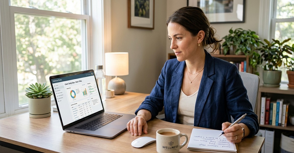how to become a health coach planning client wellness program on laptop
