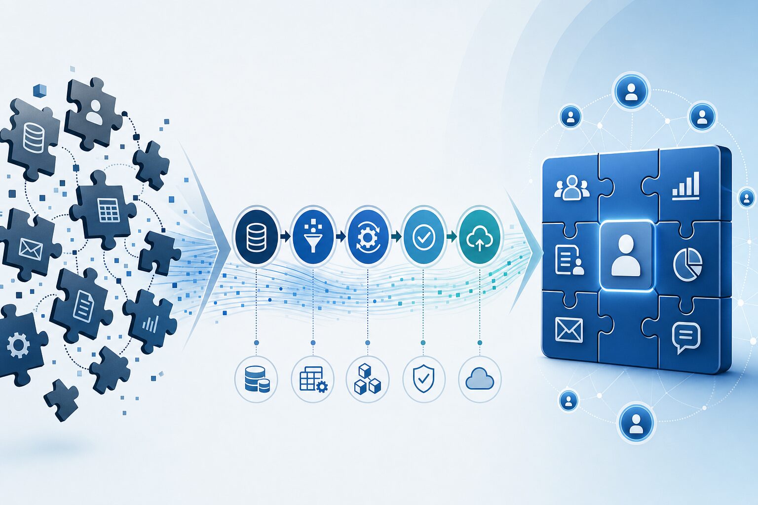CRM data migration roadmap showing transformation from fragmented systems to unified platform