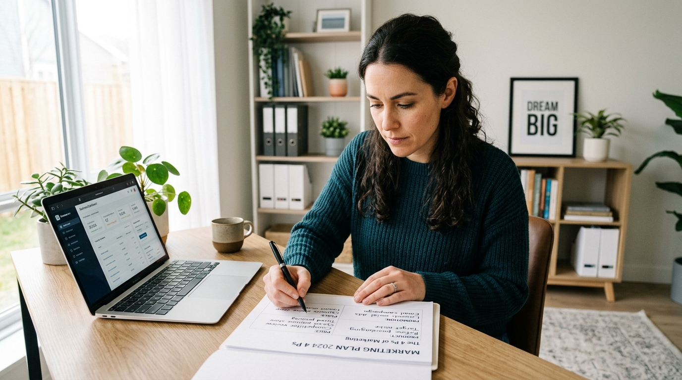 what is the marketing mix — small business owner reviewing 4 Ps marketing plan at desk