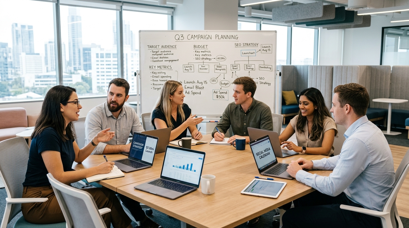 marketing strategies for small business - marketing team collaborating on campaign plans in a modern office