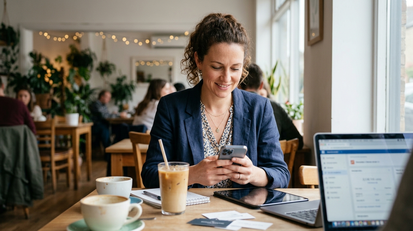 small business owner managing social media and email marketing campaigns at a cafe