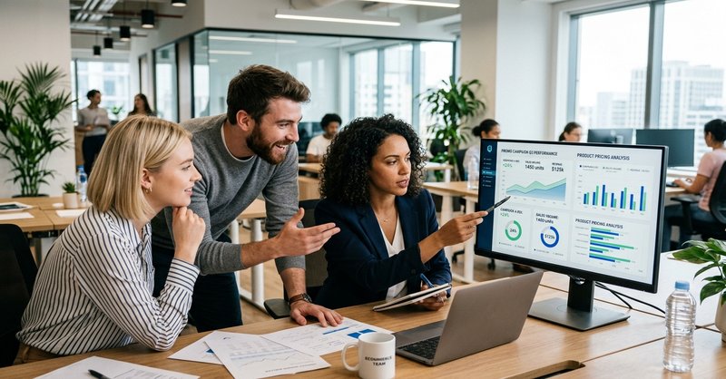 what is the marketing mix — marketing team reviewing pricing and promotion campaign performance