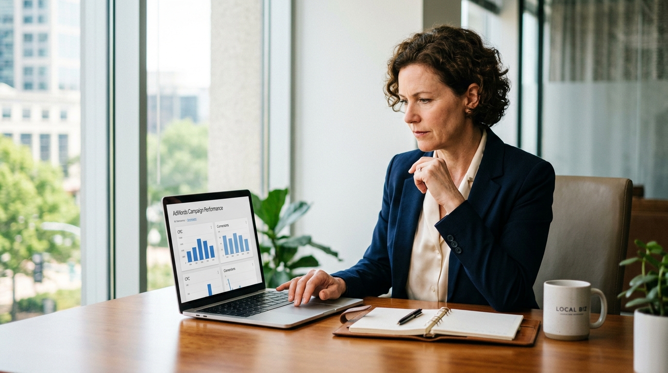 small business owner reviewing media purchase advertising results on laptop in professional workspace
