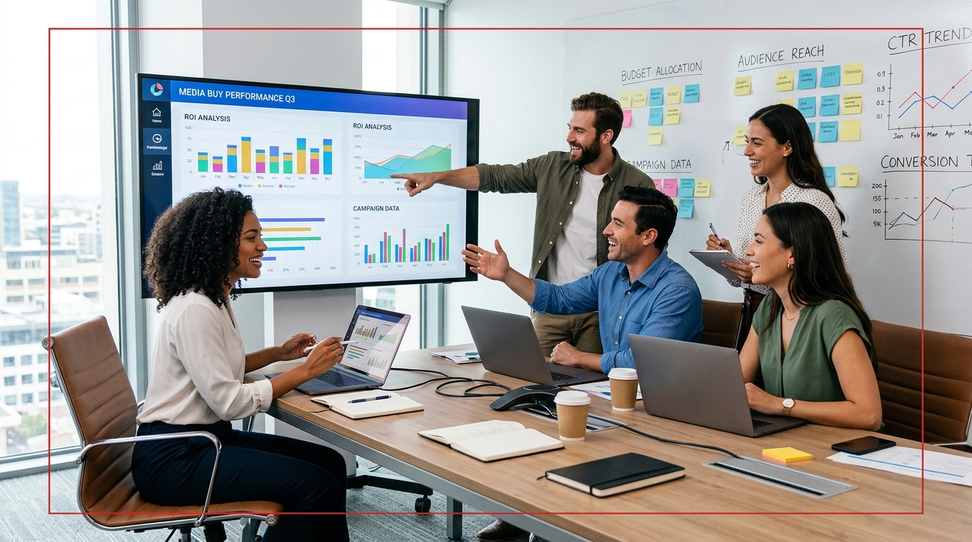 media purchase strategy team analyzing advertising campaign performance data in collaborative office setting