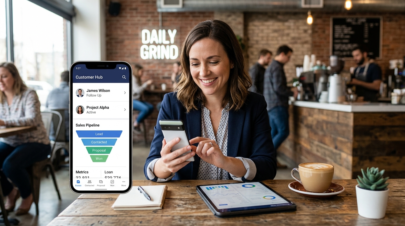 mobile application development for small business owner managing sales pipeline on smartphone