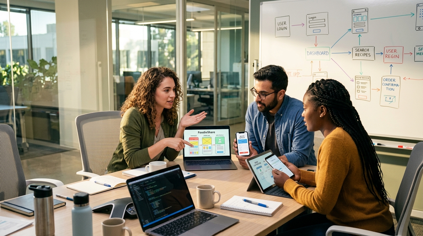 mobile application development team collaboration planning app features in modern meeting room