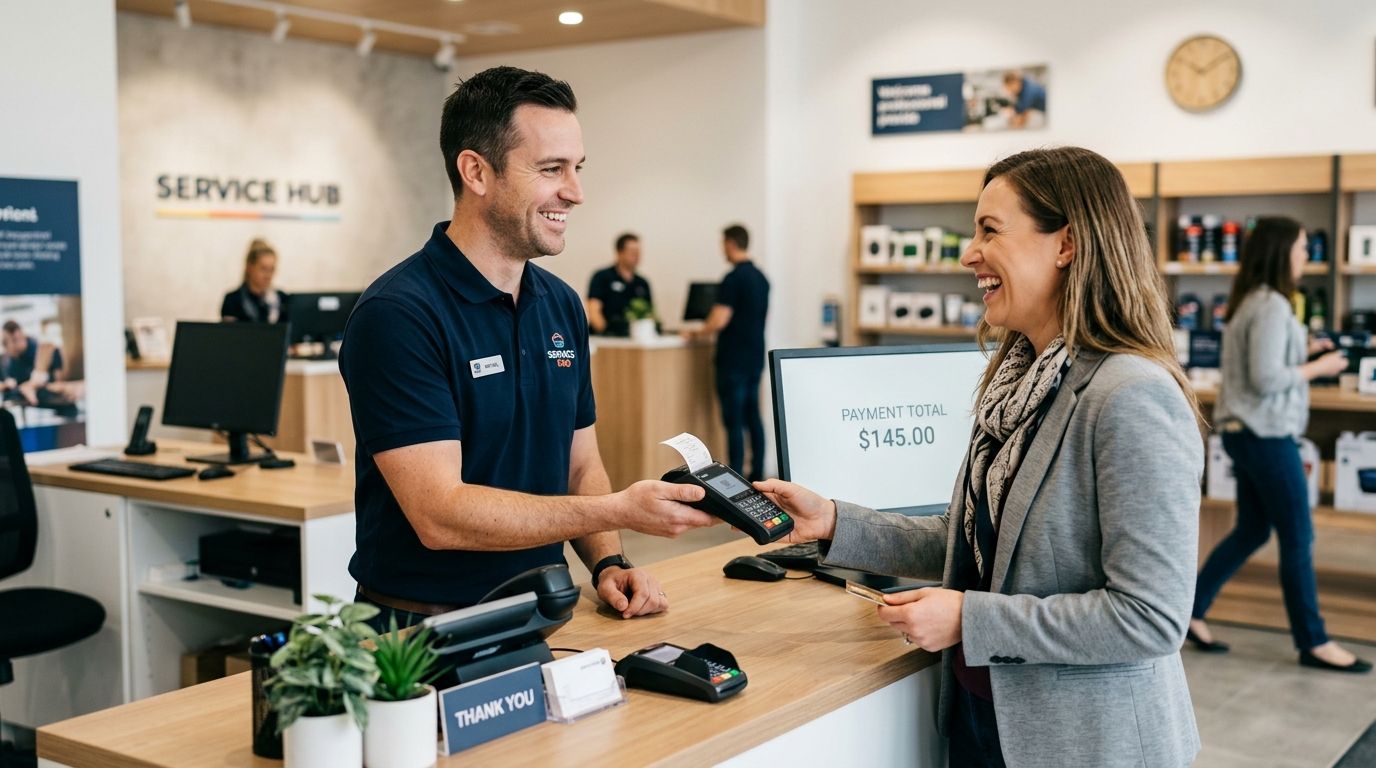 mobile payment platform terminal processing customer payment at service desk