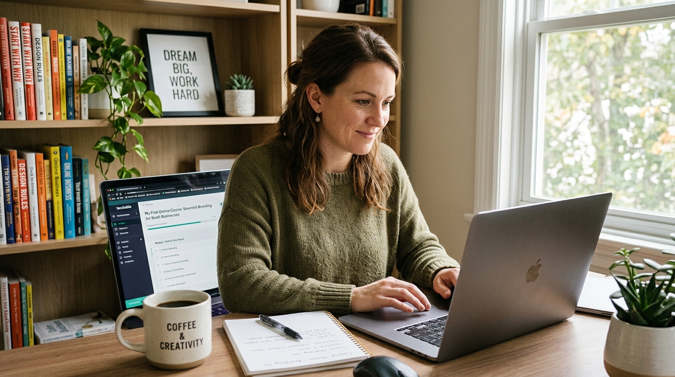 small business owner creating content on one of the best online course platforms — laptop workspace with course creation software