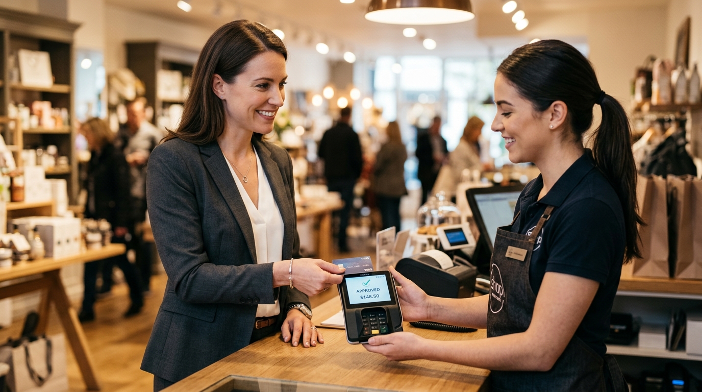A business professional tapping a credit card payment terminal — what is payment processing explained