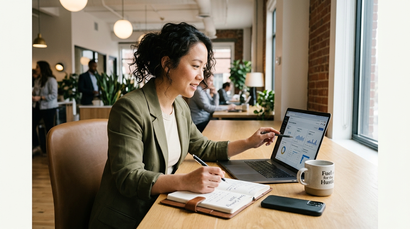 small business owner reviewing personal brand examples and analytics on a laptop