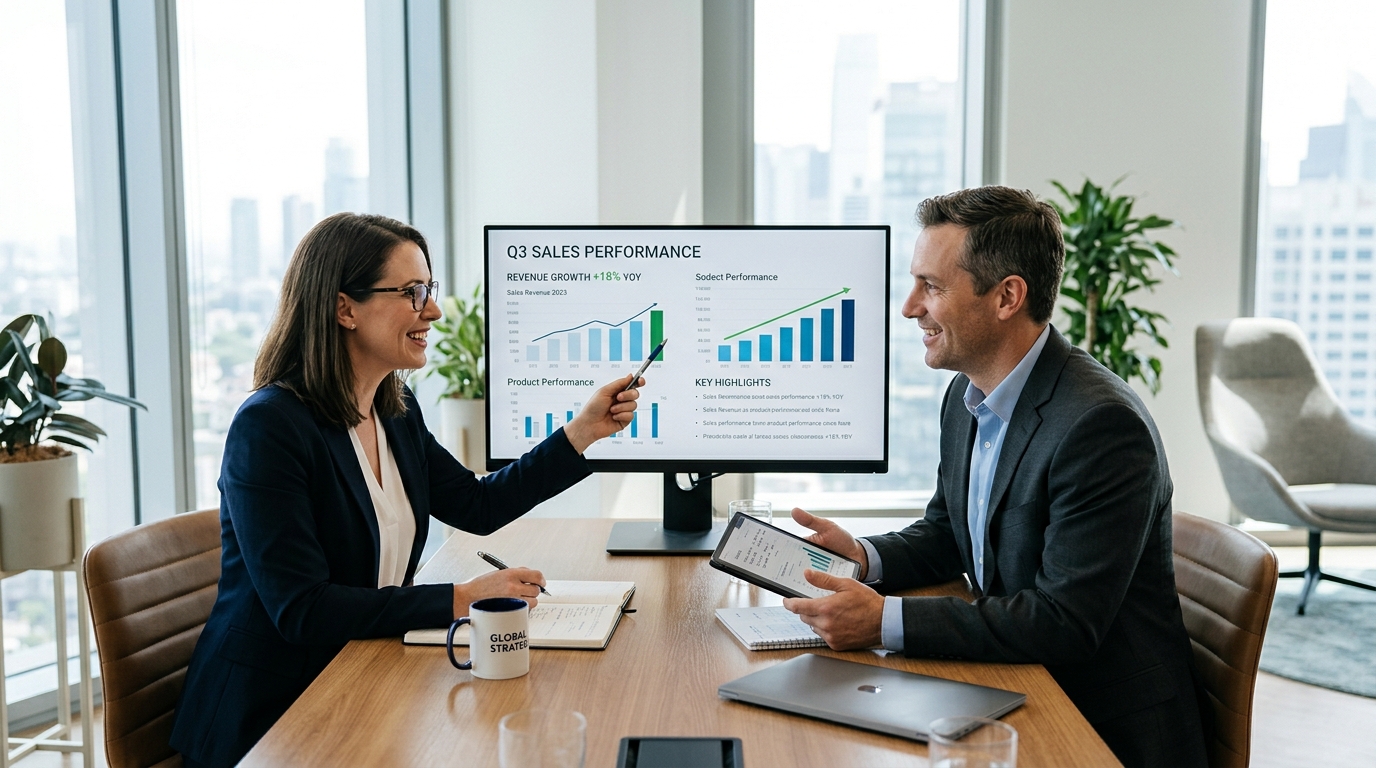 revenue growth sales team collaboration business professionals reviewing sales performance data conference room