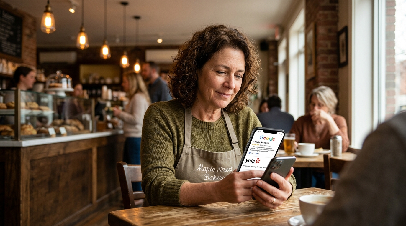 Local business owner checking website review sites on a smartphone including Google Reviews and Yelp