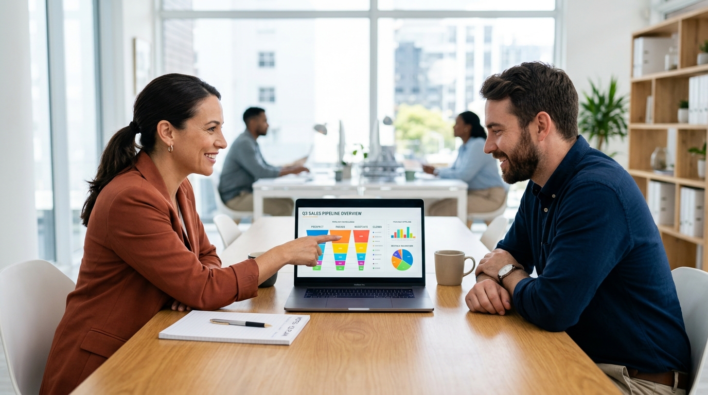 what are sales leads - small business team reviewing pipeline and lead data on laptop