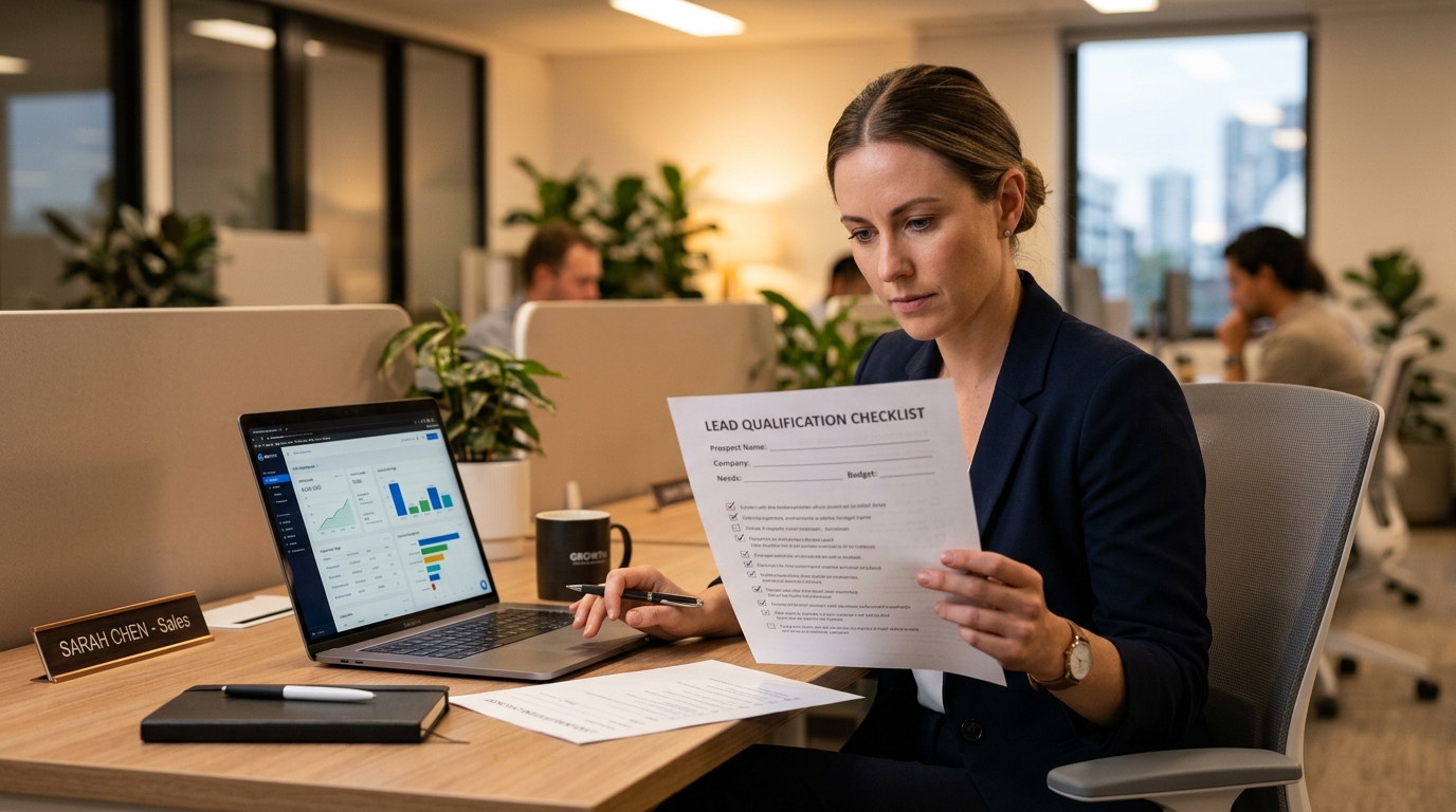 what are sales leads - sales professional reviewing lead qualification checklist at desk