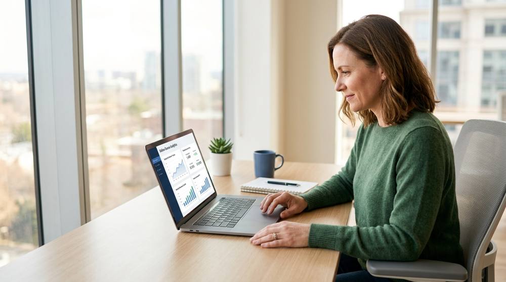 how to sell online courses - reviewing student enrollment and revenue analytics dashboard on laptop