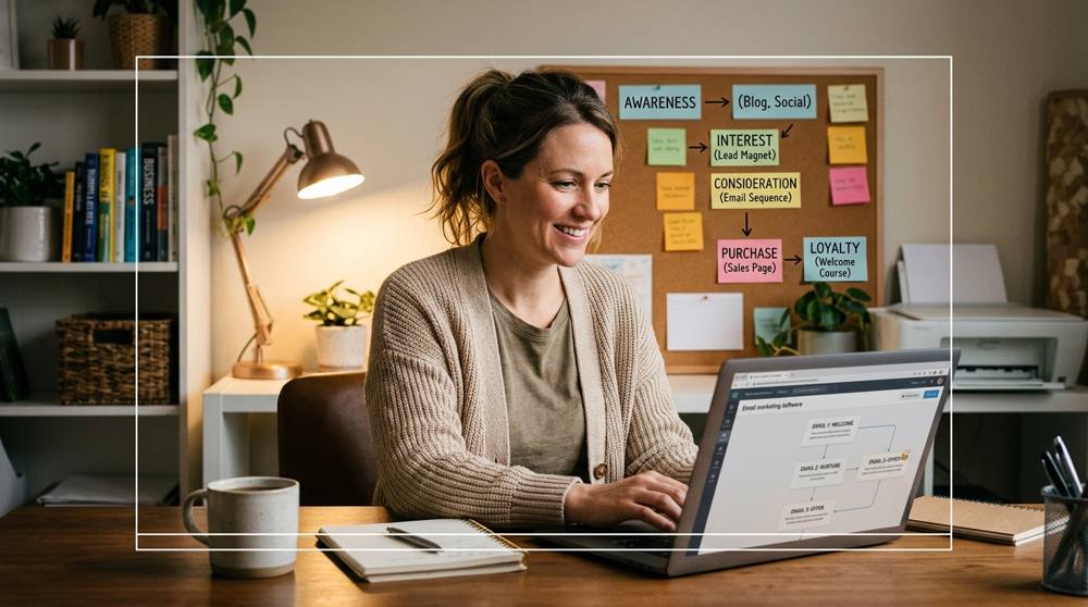sell online courses email marketing funnel automation planning on laptop with funnel stages
