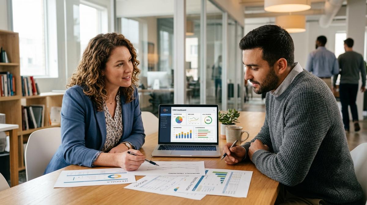 Business team reviewing smart goals for business goal-tracking reports with CRM dashboard on laptop