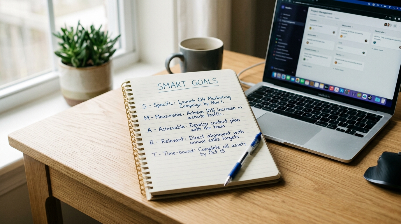 Notebook with smart goals for business written out beside laptop in professional workspace
