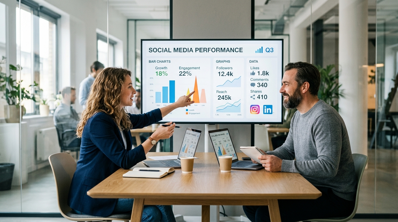 team reviewing social media marketing campaign performance metrics