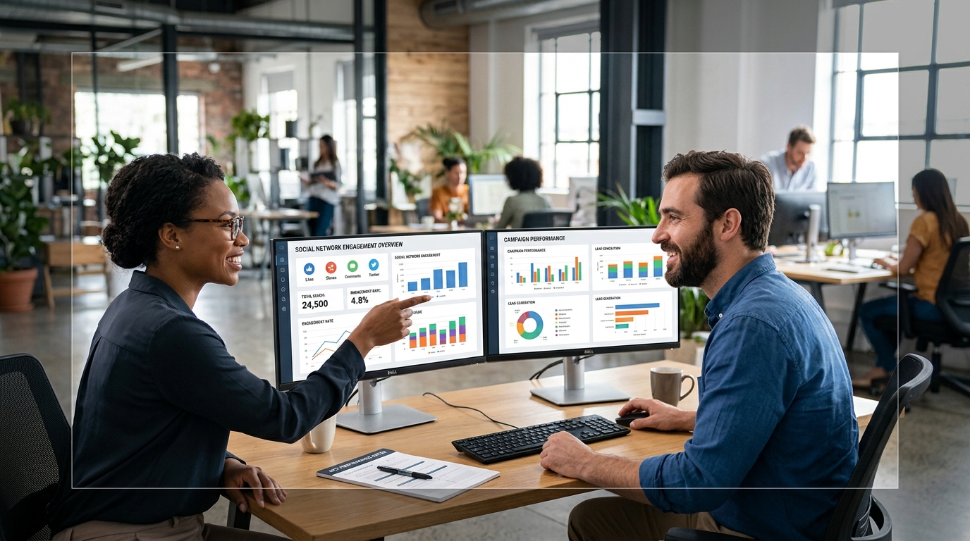 two marketing professionals collaborating CRM dashboard social networking metrics dual monitors office